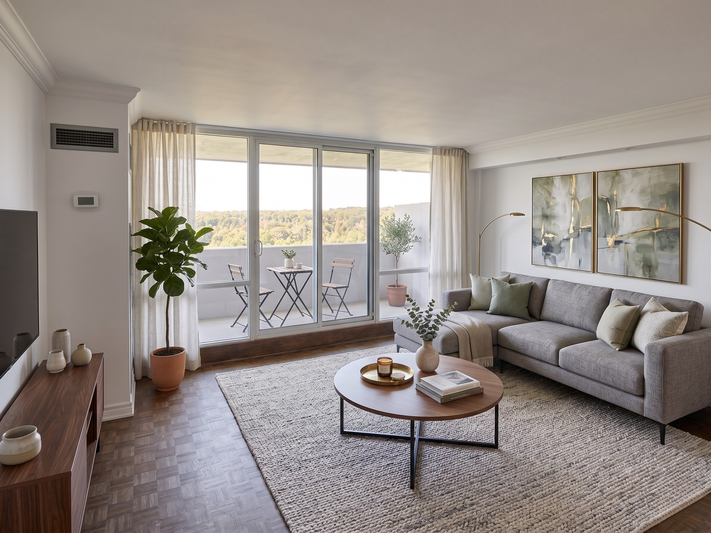 240 Scarlett Rd, Suite 1302 — staged living room overlooking Lambton Golf & Country Club